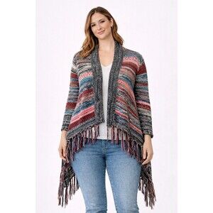 Haute Monde Womens XL Knit Fringe Cardigan Shawl Open Front  Boho Casual